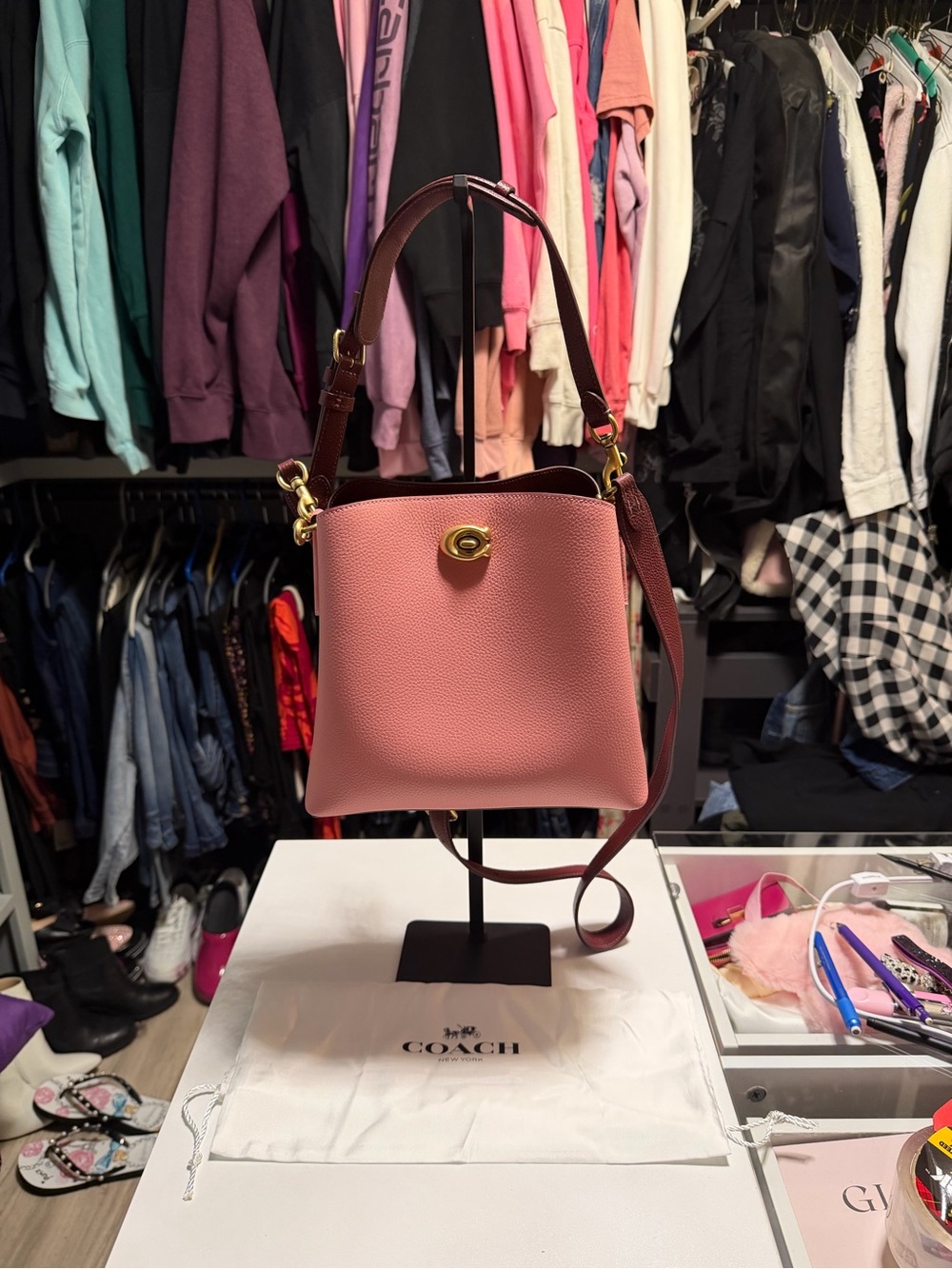 Coach Pink Pebbled Leather Bucket Bag with Brown Strap
